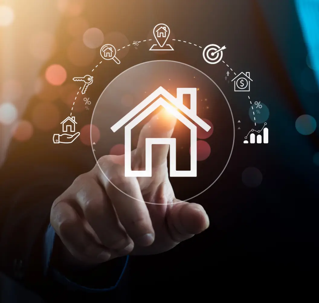 Businessman touching virtual house icon with digital real estate and property search technology graphics